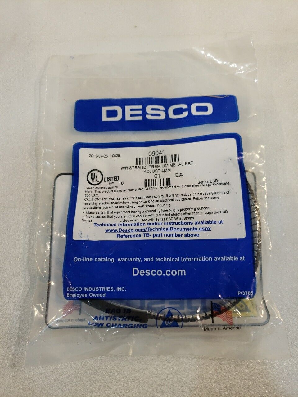 Desco 09041 Wristband Grounded Premium Metal Adjustable 4MM ESD Electrostatic