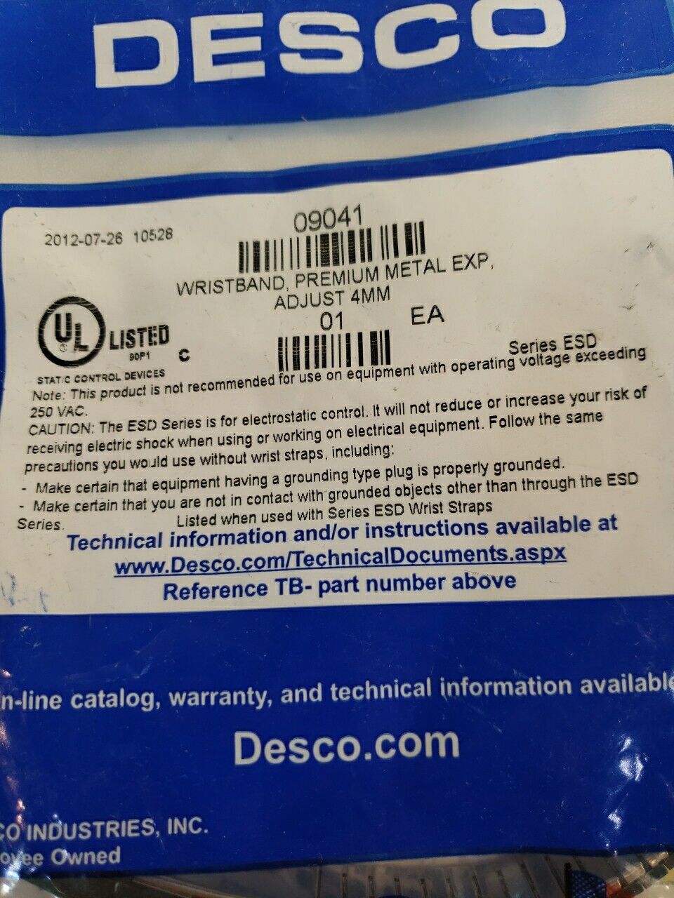 Desco 09041 Wristband Grounded Premium Metal Adjustable 4MM ESD Electrostatic