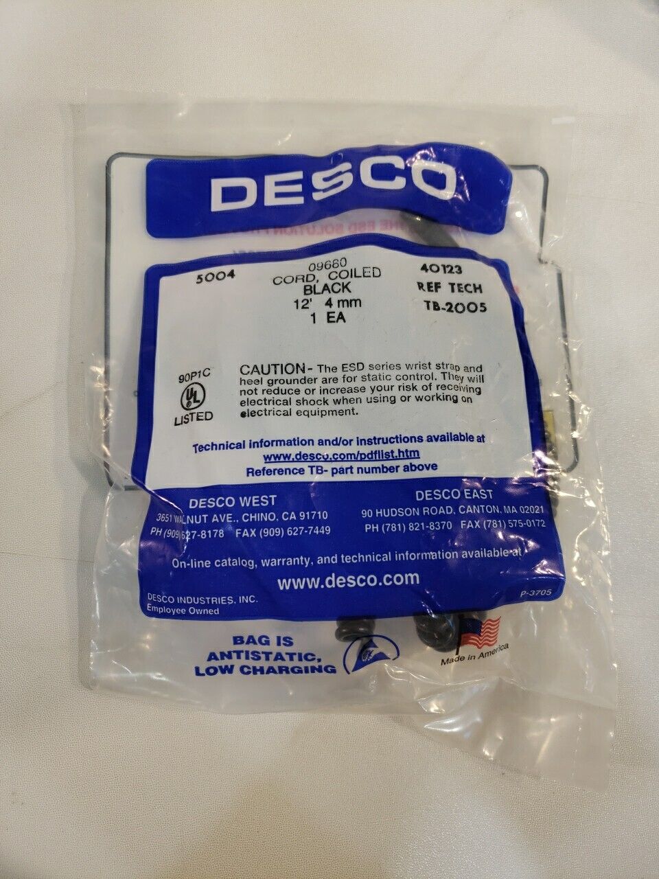 Desco 09680 Grounding Cord Coiled Black 12ft 4 MM ESD Electrostatic Safety