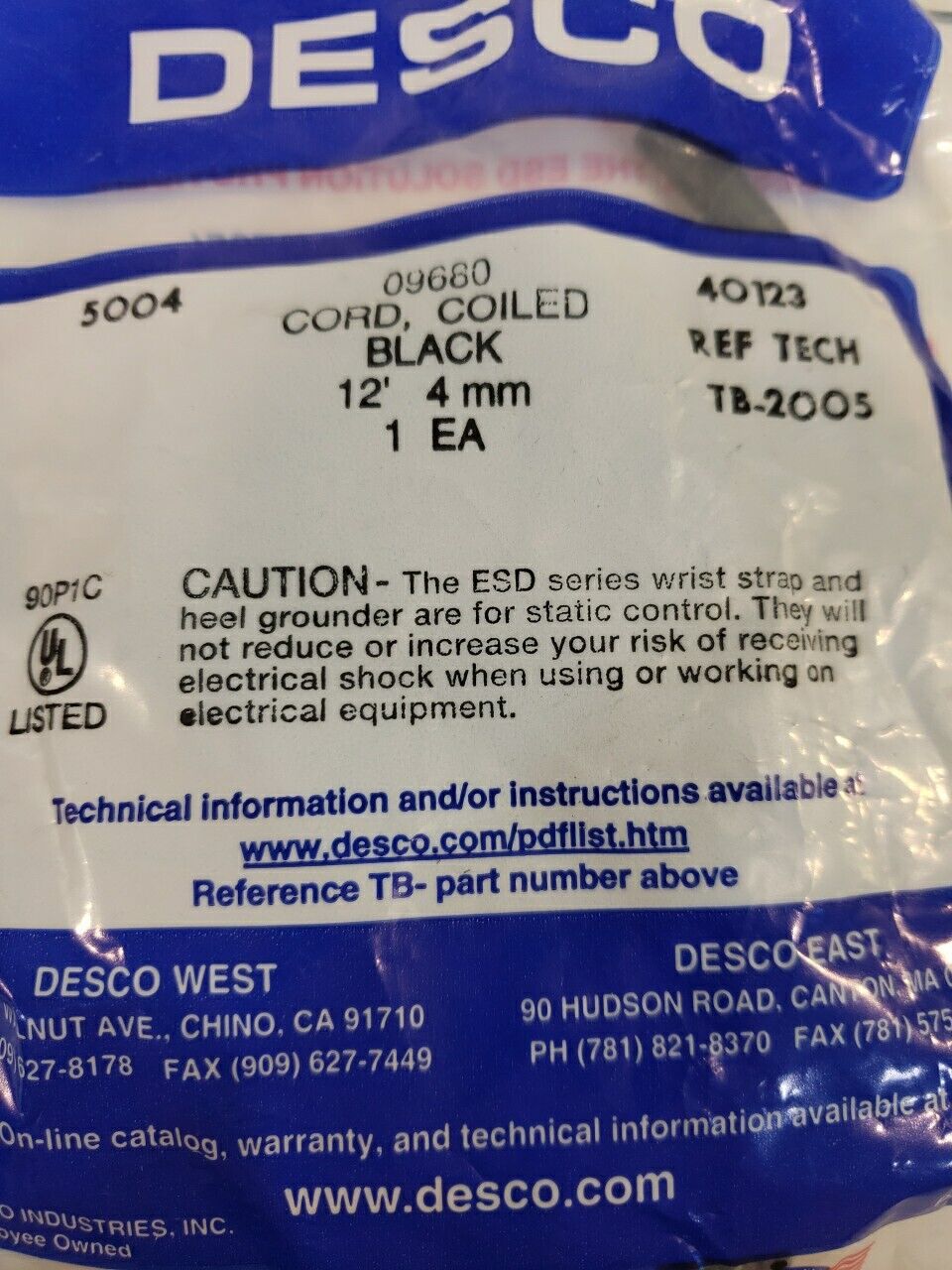 Desco 09680 Grounding Cord Coiled Black 12ft 4 MM ESD Electrostatic Safety