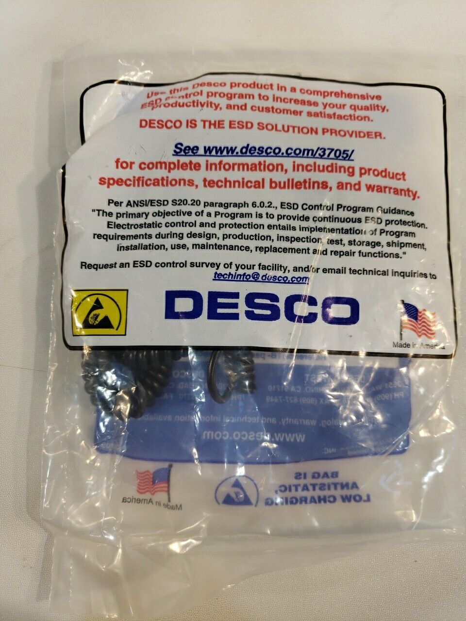 Desco 09680 Grounding Cord Coiled Black 12ft 4 MM ESD Electrostatic Safety