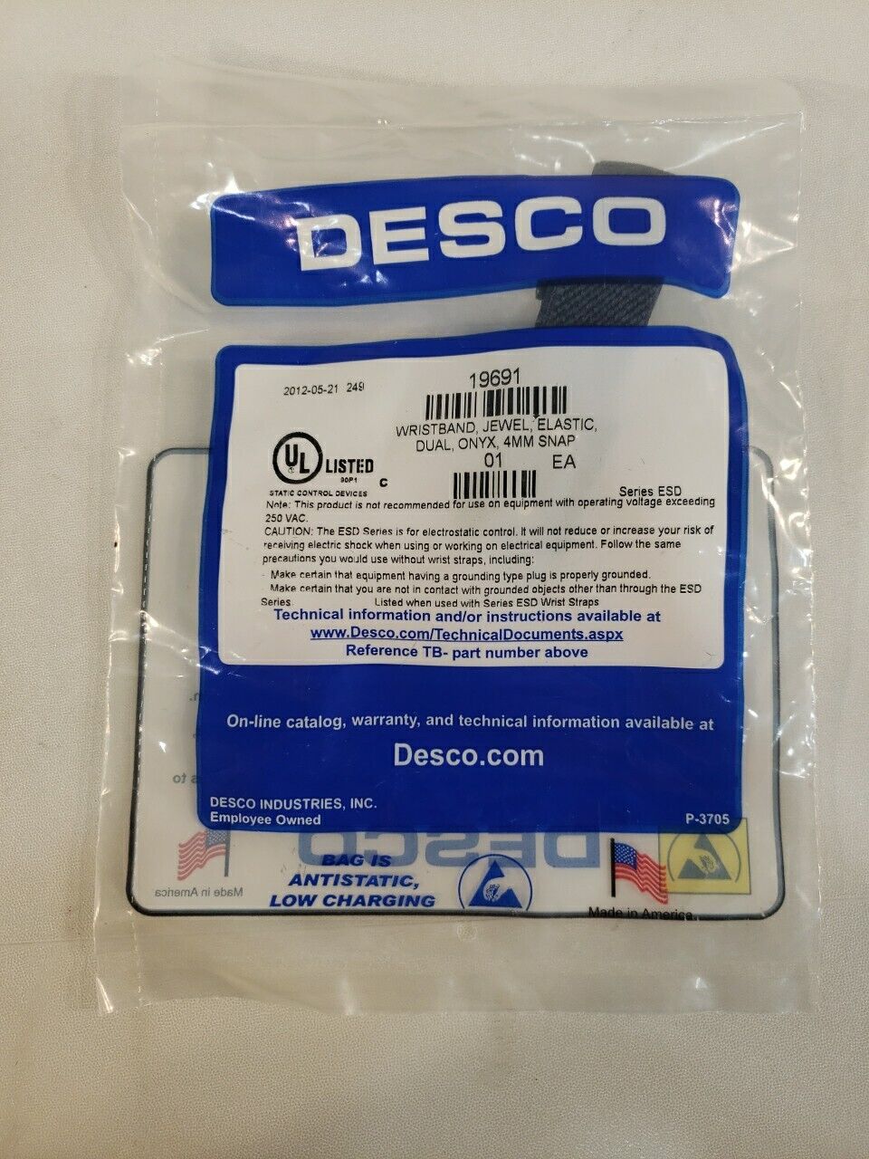 Desco 19691 Grounding Wristband Jewel Elastic Dual Onyx 4MM Snap ESD Safety