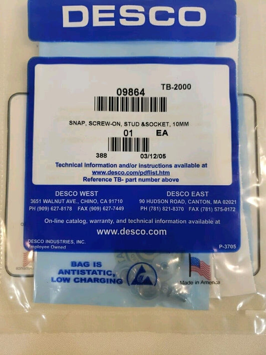 Desco 09864 Snap Screw-on Stud & Socket 10MM Electrostatic Discharge ESD Safety