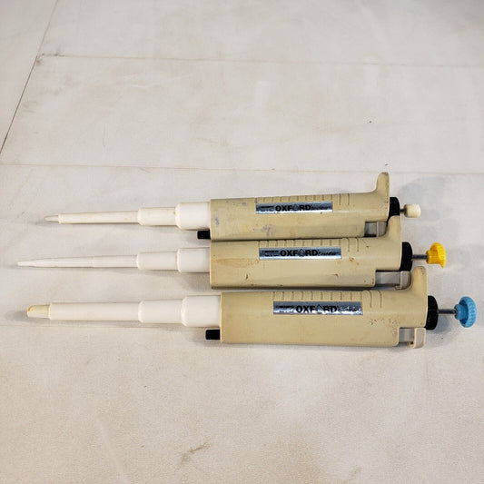 Lot Of 3 Oxford Pipettes 0.5-10uL 10-50uL 200-1000uL 1mL Pipettor