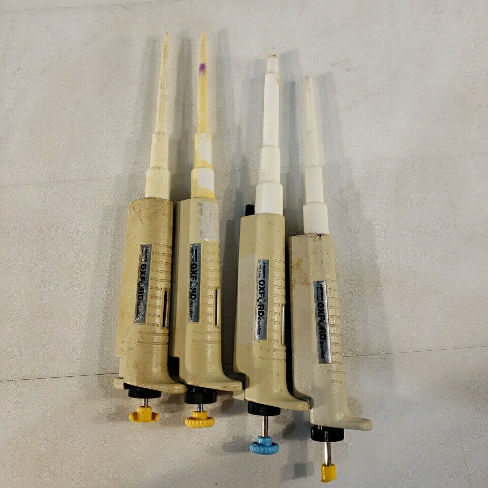 Set of 4 Oxford 3x 10-50uL 1x 200-1000uL Pipettes Adjustable Nichiryo Benchmate