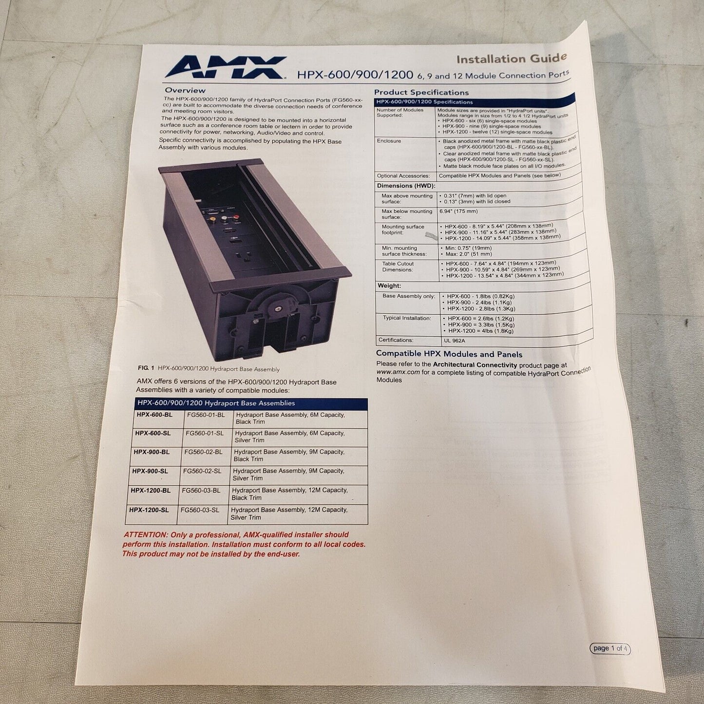 AMX HPX-1200-SL Module Connection Port AV Table Box