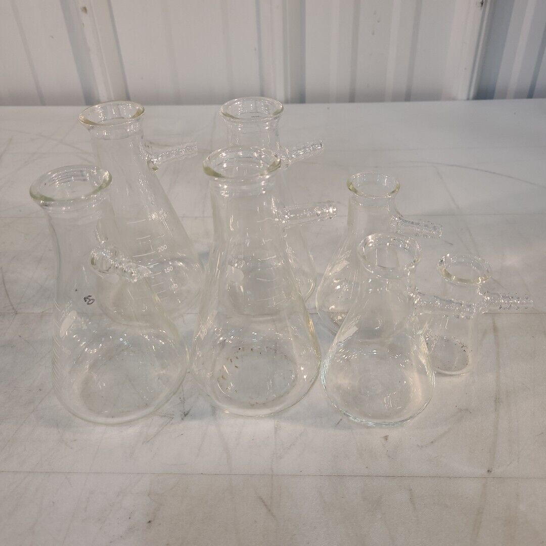Lot Of 7 Pyrex Kimax 5340 27060 Erlenmeyer Flasks w/ Filtering Sidearm