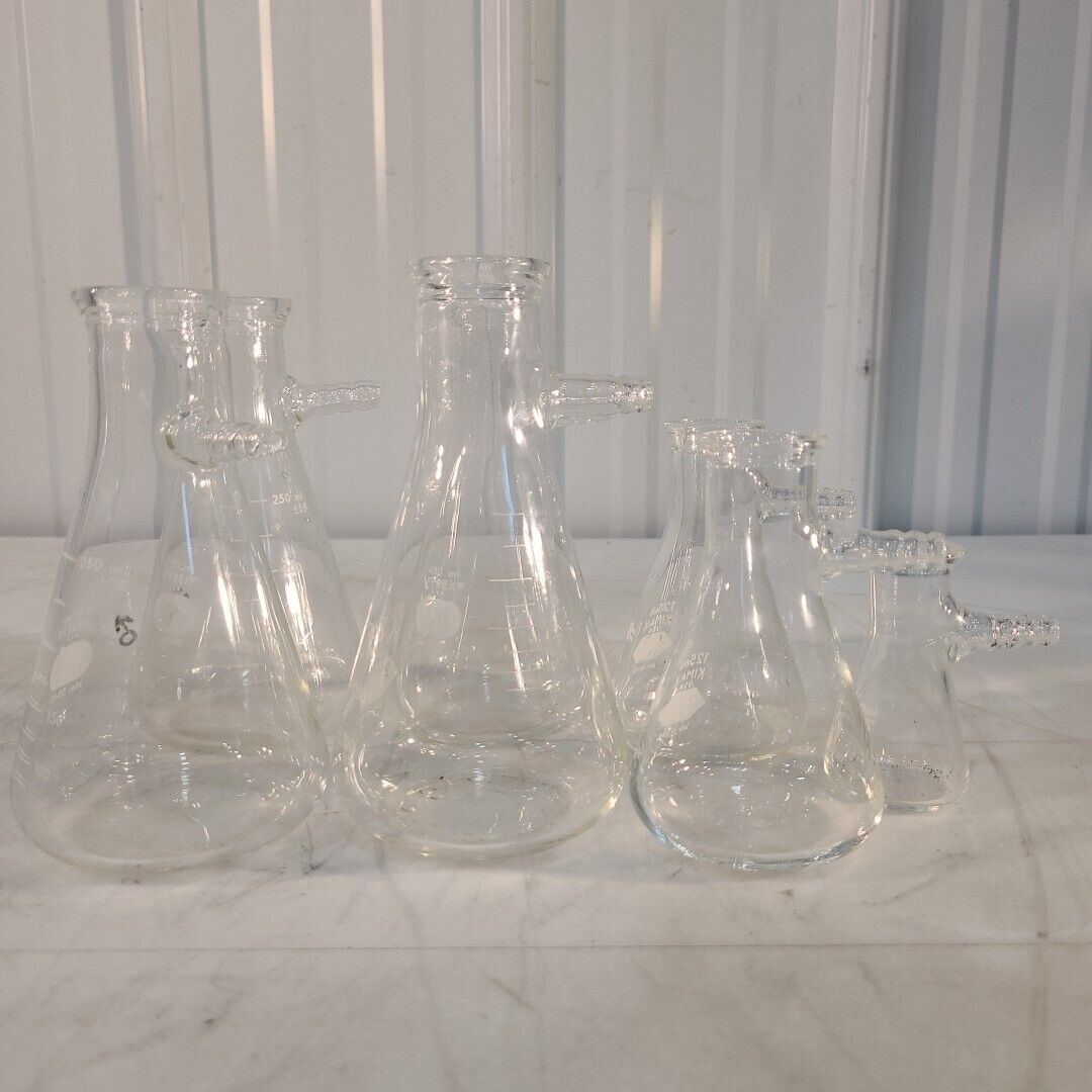 Lot Of 7 Pyrex Kimax 5340 27060 Erlenmeyer Flasks w/ Filtering Sidearm