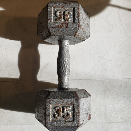 Vintage 35lb Hex Dumbbell w/ Knurled Grip Cast Iron