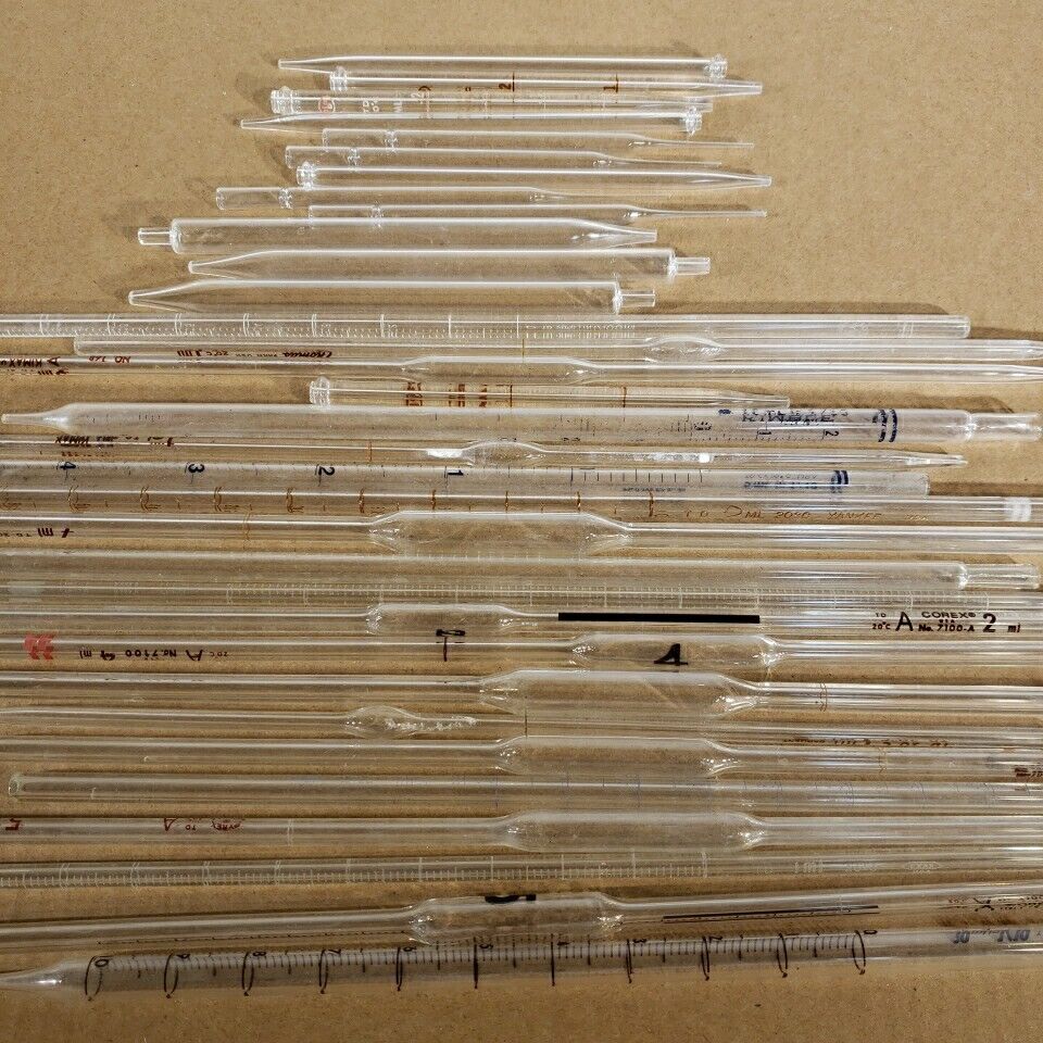 Lot Of 33 Volumetric Pipettes Glass Pipette Tips Pyrex Kimax Corex Kimble Fisher