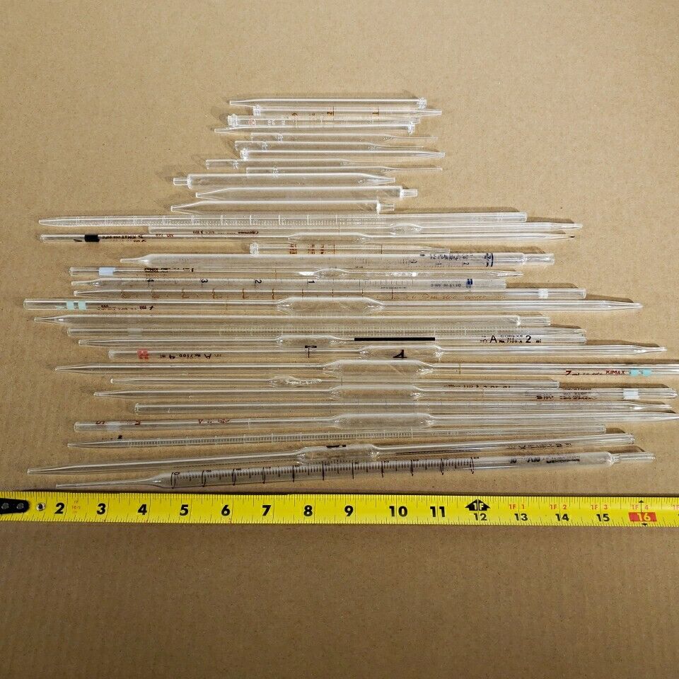 Lot Of 33 Volumetric Pipettes Glass Pipette Tips Pyrex Kimax Corex Kimble Fisher