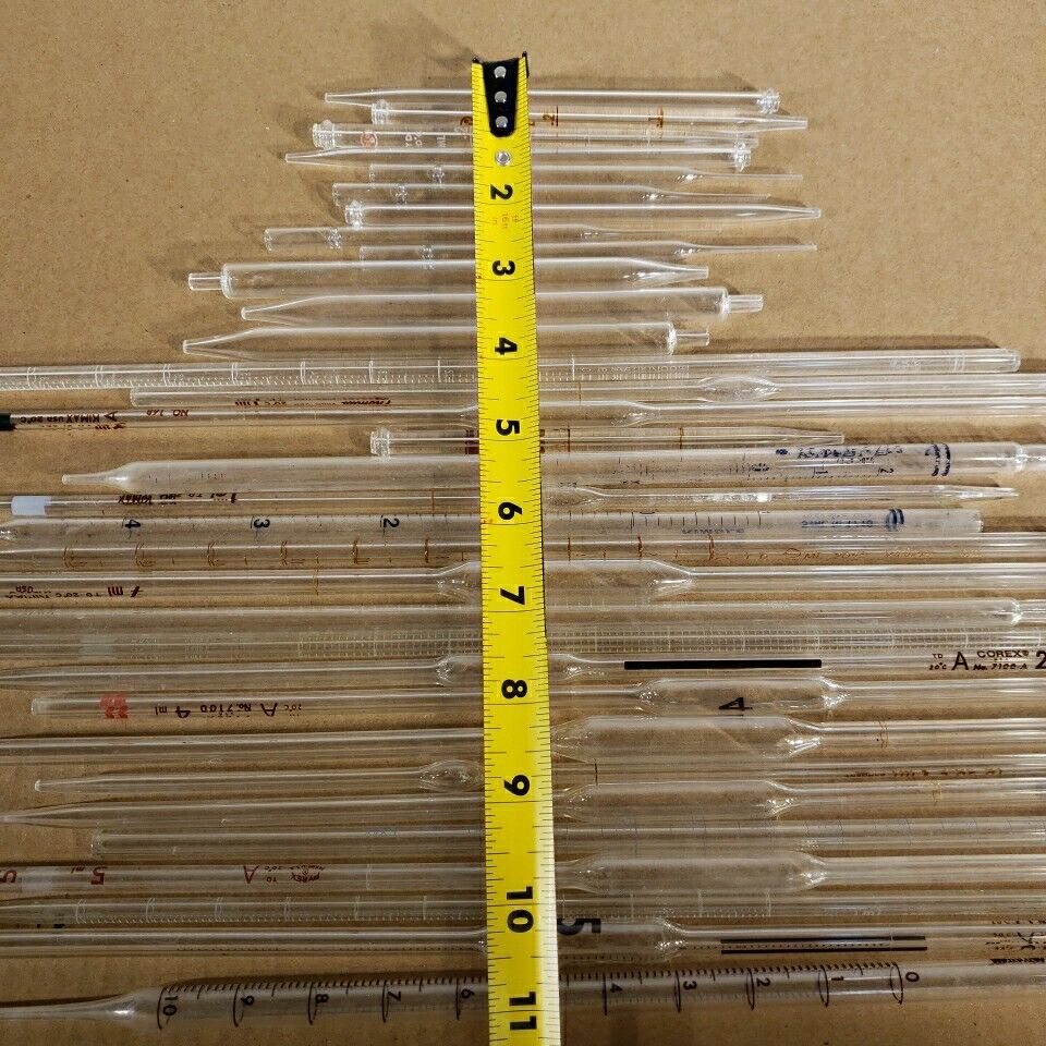 Lot Of 33 Volumetric Pipettes Glass Pipette Tips Pyrex Kimax Corex Kimble Fisher