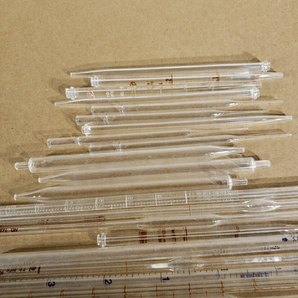 Lot Of 33 Volumetric Pipettes Glass Pipette Tips Pyrex Kimax Corex Kimble Fisher