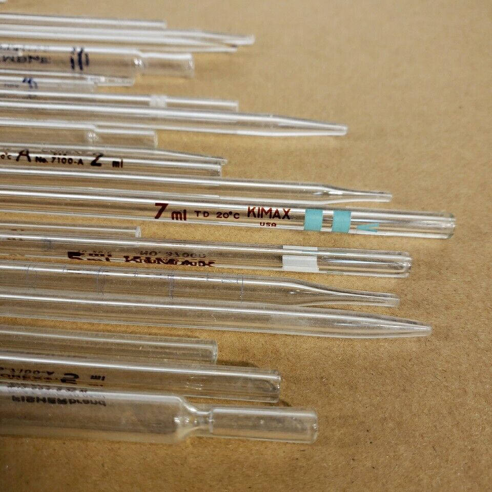 Lot Of 33 Volumetric Pipettes Glass Pipette Tips Pyrex Kimax Corex Kimble Fisher