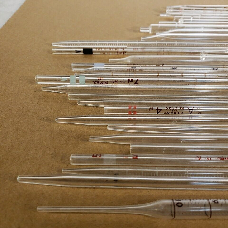 Lot Of 33 Volumetric Pipettes Glass Pipette Tips Pyrex Kimax Corex Kimble Fisher