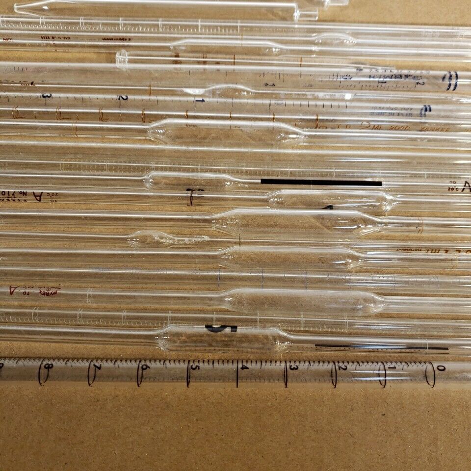 Lot Of 33 Volumetric Pipettes Glass Pipette Tips Pyrex Kimax Corex Kimble Fisher