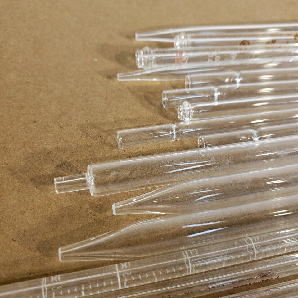 Lot Of 33 Volumetric Pipettes Glass Pipette Tips Pyrex Kimax Corex Kimble Fisher
