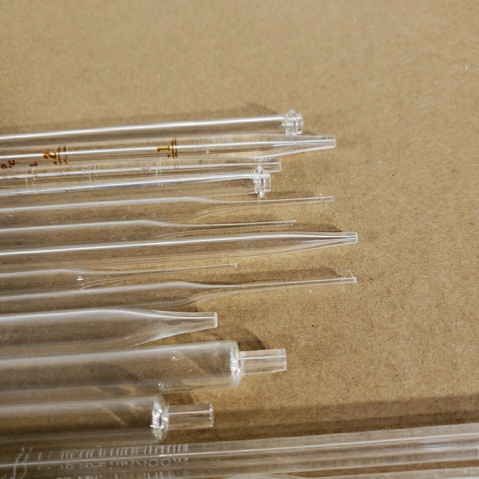 Lot Of 33 Volumetric Pipettes Glass Pipette Tips Pyrex Kimax Corex Kimble Fisher