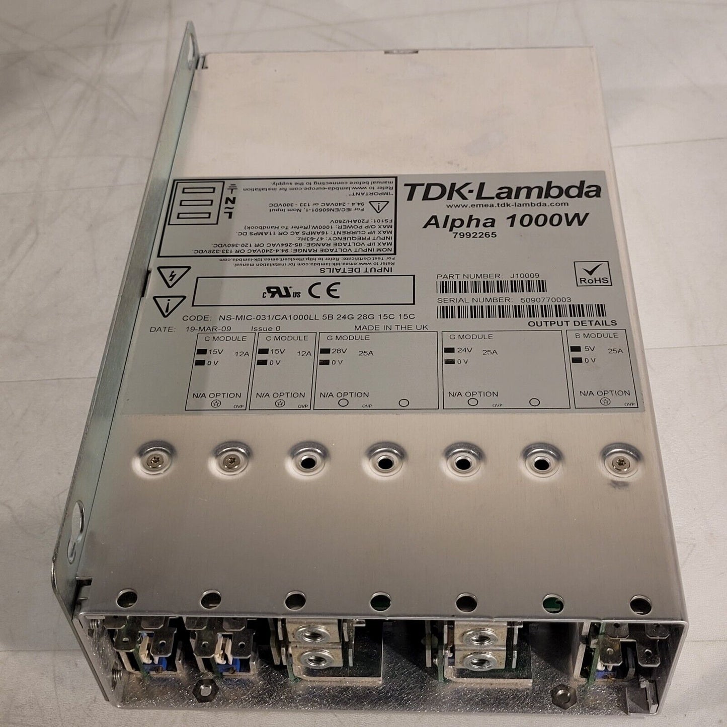 TDK-Lambda J10009 Alpha 1000W Power Sup 15V 28V 24V 5V Output 94.4-240VAC Input
