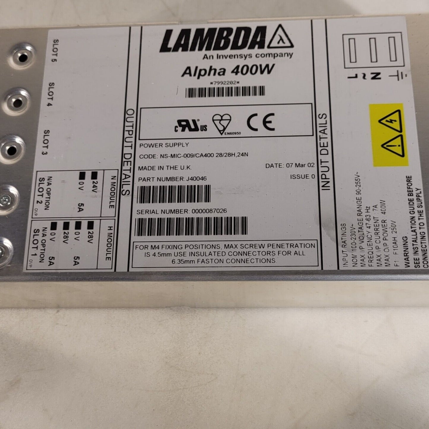 Lambda Alpha 400W Power Supply J40046 24V 28V Outputs 100-230V Input 7A Max