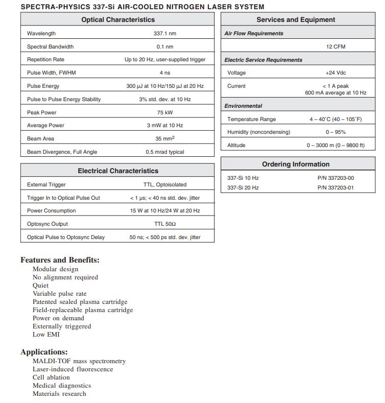 Spectra Physics 337SI-63 Laser 337nm 3mW Avg Power 20 Hz Repetition 0.1nm BW