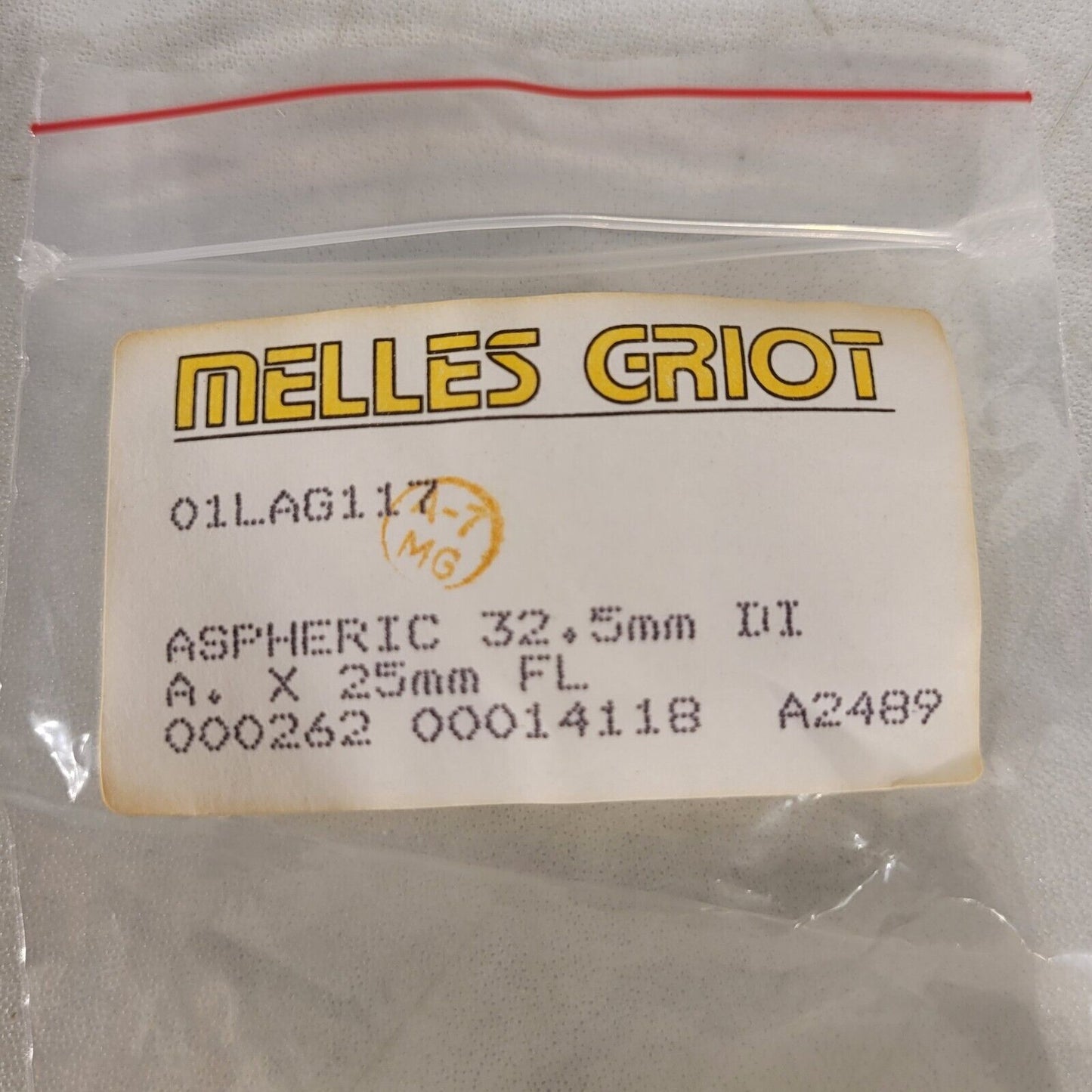 Melles Griot 01LAG117 Aspheric Lens 32.5mm DIA. X 25mm FL 00026200014118A2489