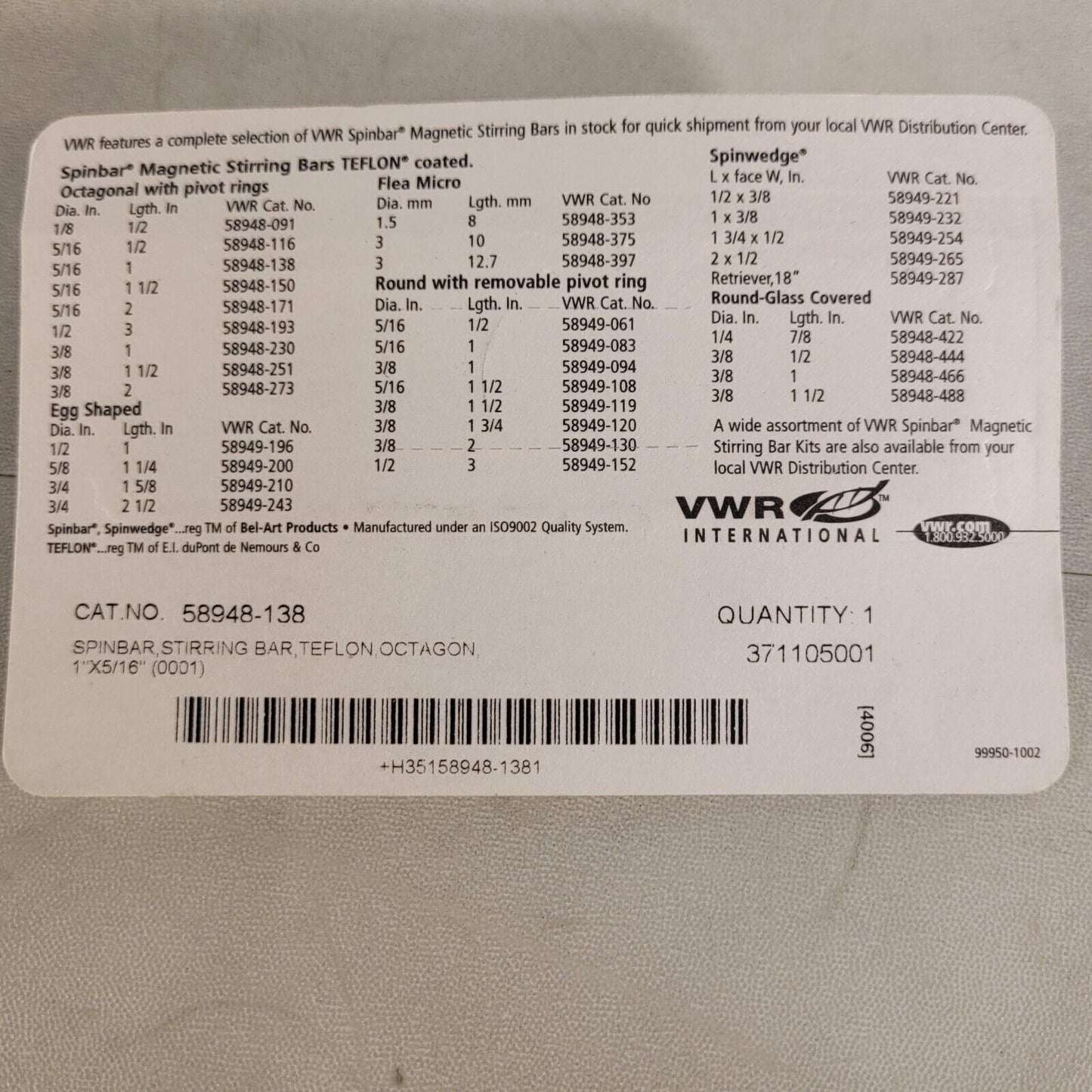 VWR 58948-138 Magnetic Spinbar Stirring Bar   Octagonal 1" X 5/16" PTFE Coated