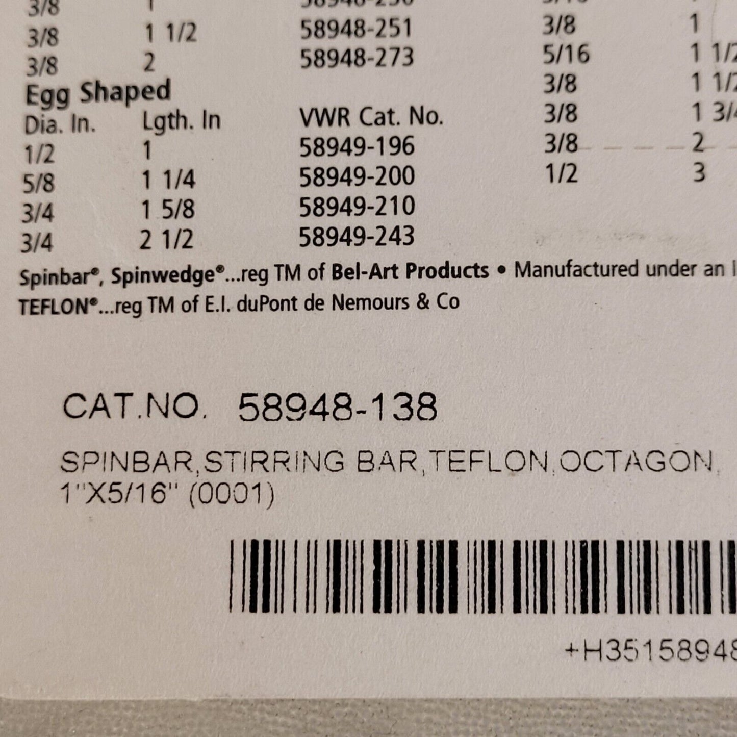 VWR 58948-138 Magnetic Spinbar Stirring Bar   Octagonal 1" X 5/16" PTFE Coated