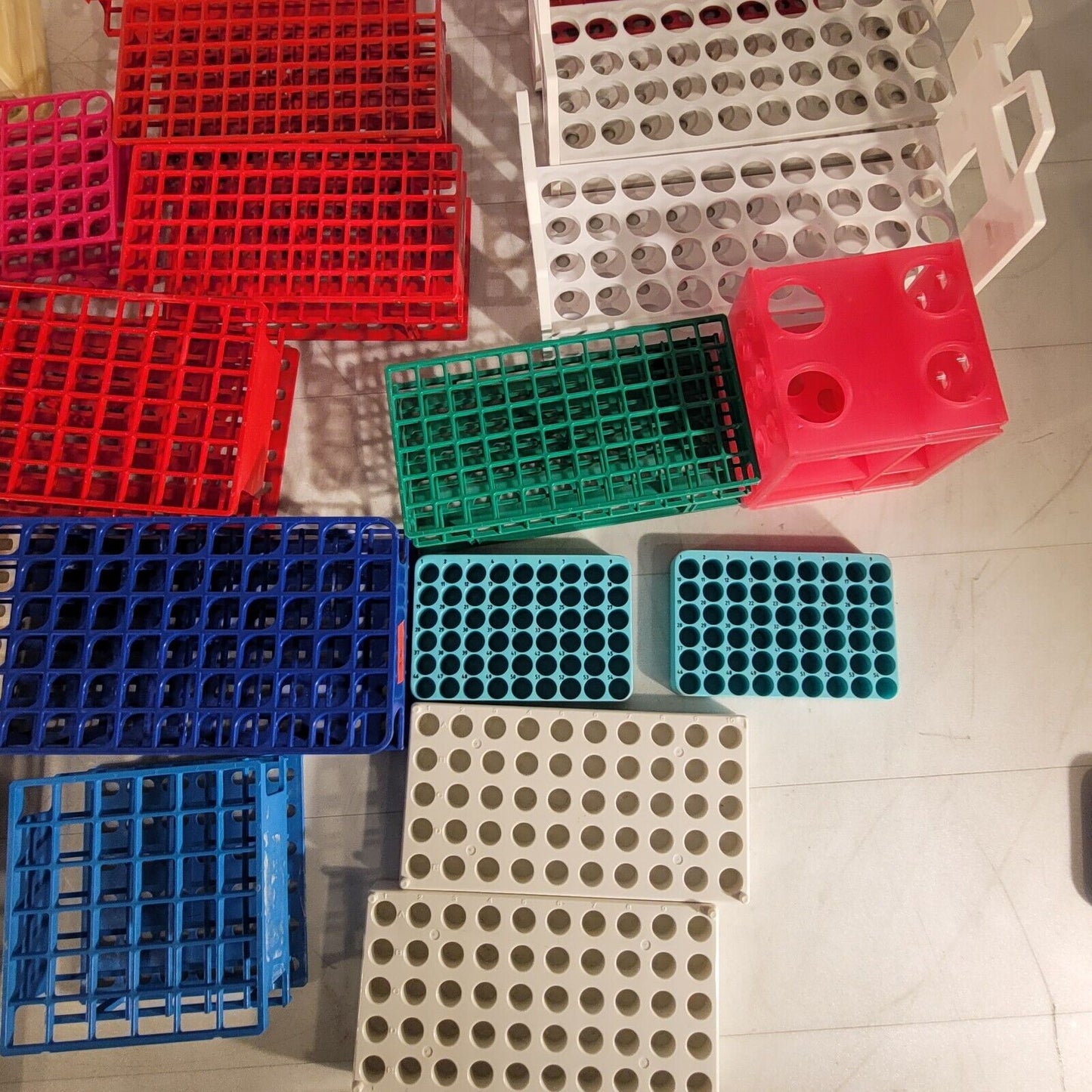 Large Lot of Plastic Sample Vial Tube Racks Various Sizes Bottle Organizer