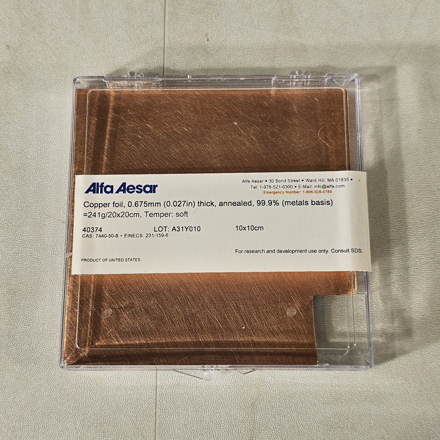 Alfa Aesar Thermo 40374 Pure Copper Foil 0.675mm Thick Annealed 99.9% 20cm Sq