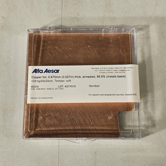 Alfa Aesar Thermo 40374 Pure Copper Foil 0.675mm Thick Annealed 99.9% 20cm Sq