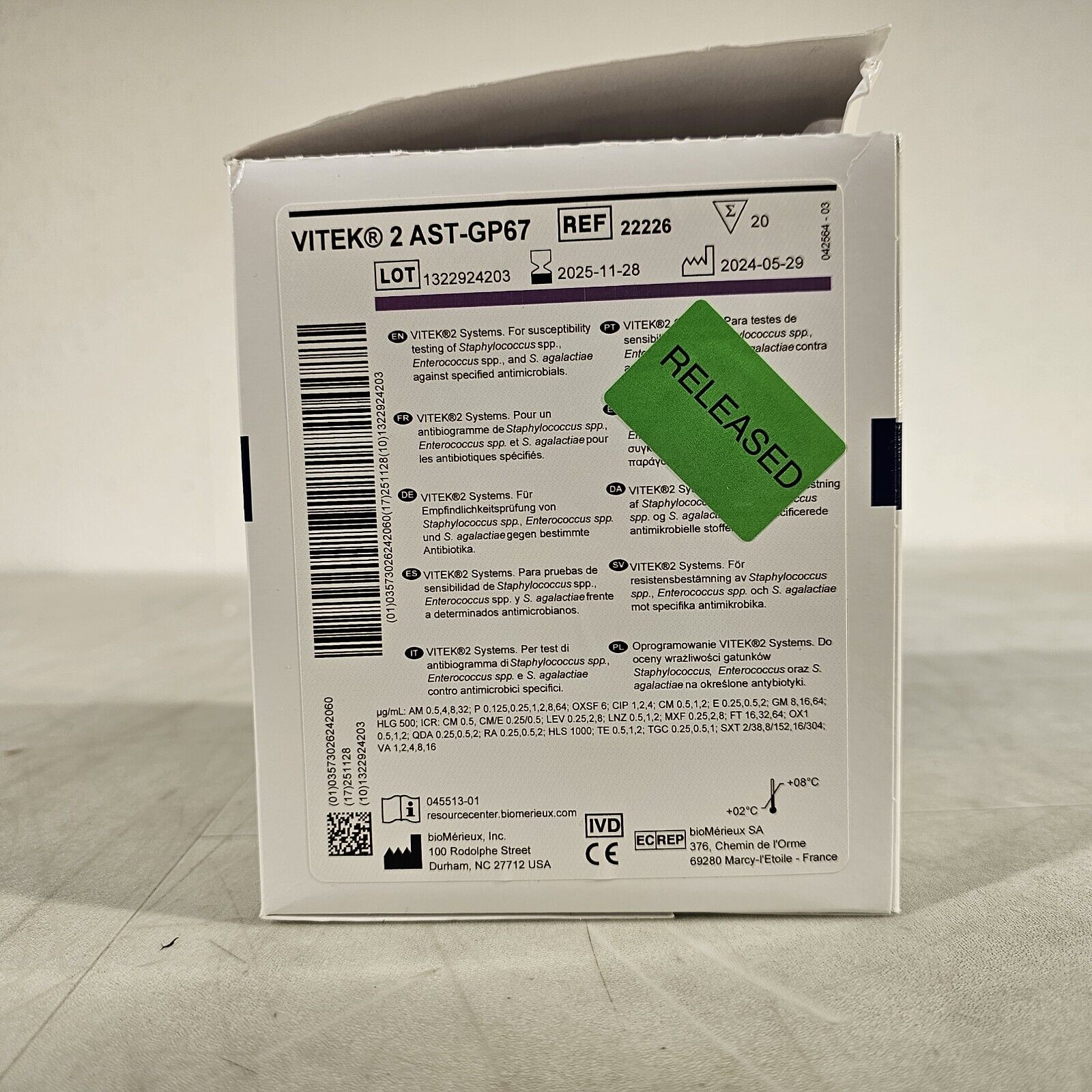 BioMerieux Vitek 2 ASTGP67 Test Kit Reagent Card 22226 1 Card Lab