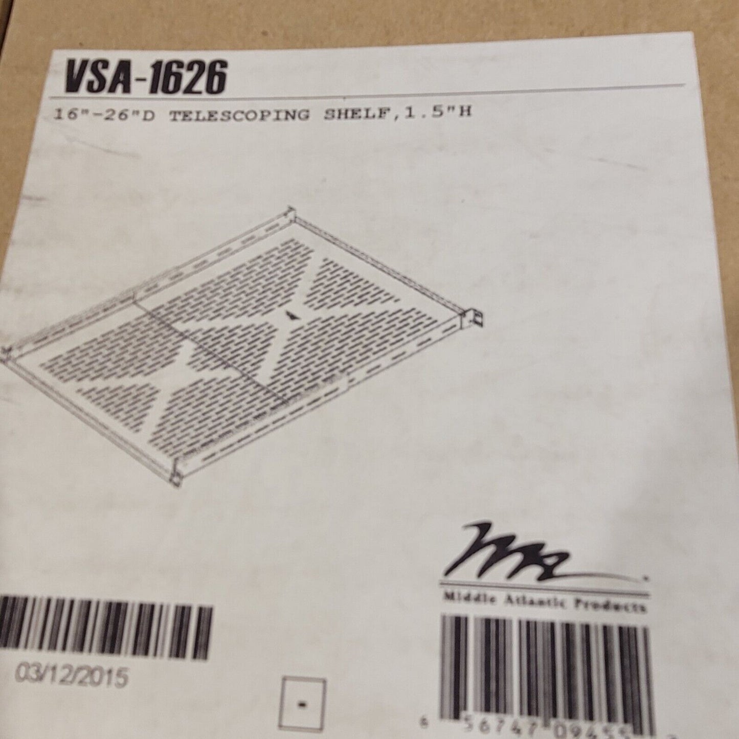 Middle Atlantic VSA-1626 Heavet Duty Adjustable Rackshelf 16 to 26" Telescoping