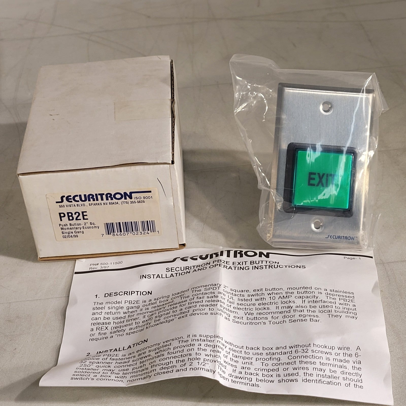 Securitron PB2E Security Exit Push Button 2" Square Button Green Wall ...