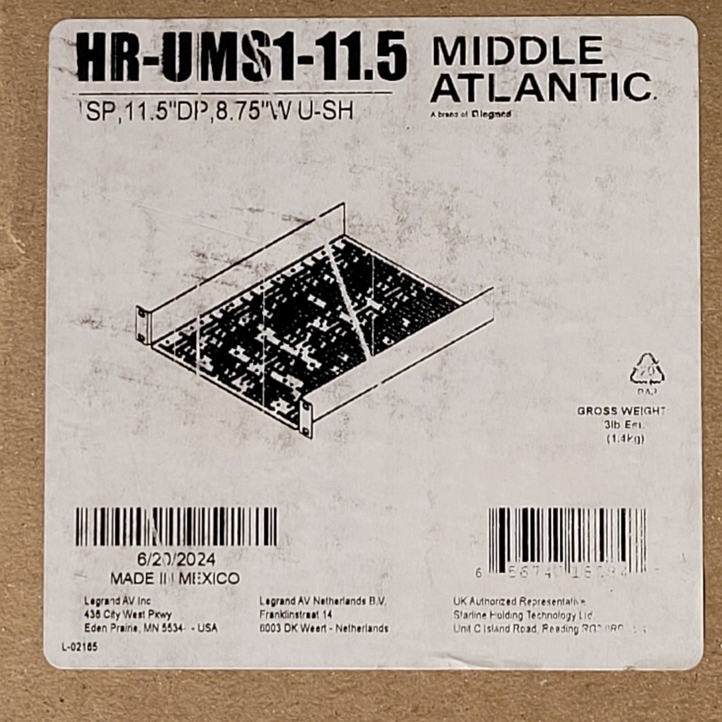 Middle Atlantic HR-UMS1-11.5  Universal Mounting Multi Shelf 11.5" Depth