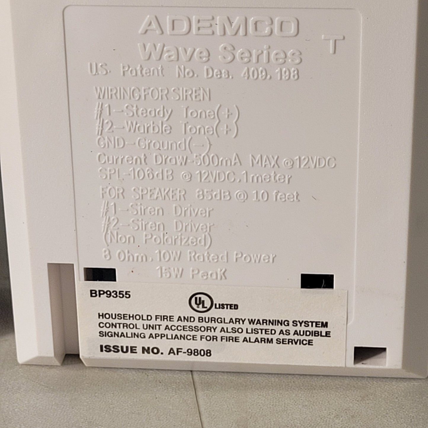 Ademco Siren Wave 2 Indoor Electric Siren 106db BP9355