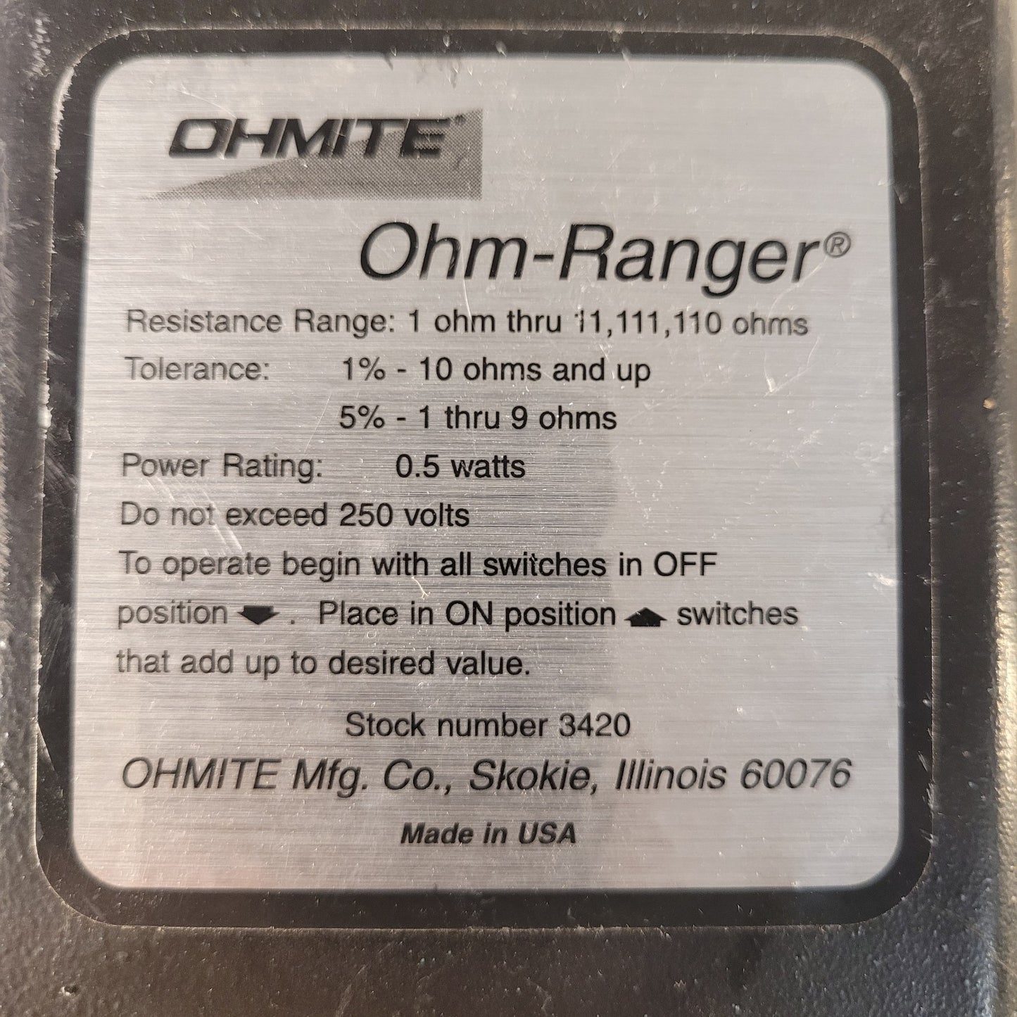 Ohmite Ohm-Ranger Decade Type Resistor 3420 range 1 Ohm - 4 MOhms Tested