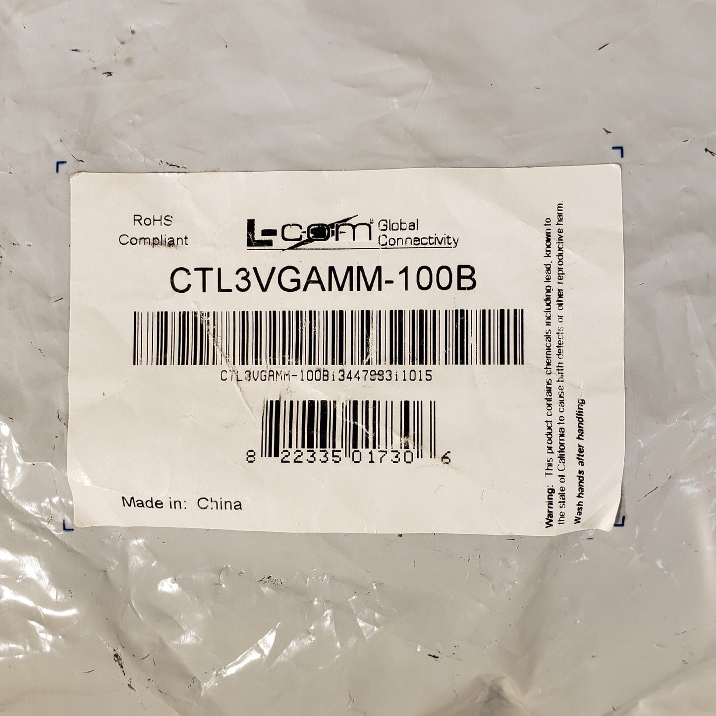 L-Com CTL3VGAMM-100B Premium S VGA Cable, HD15 Male / Male Black 100 ft