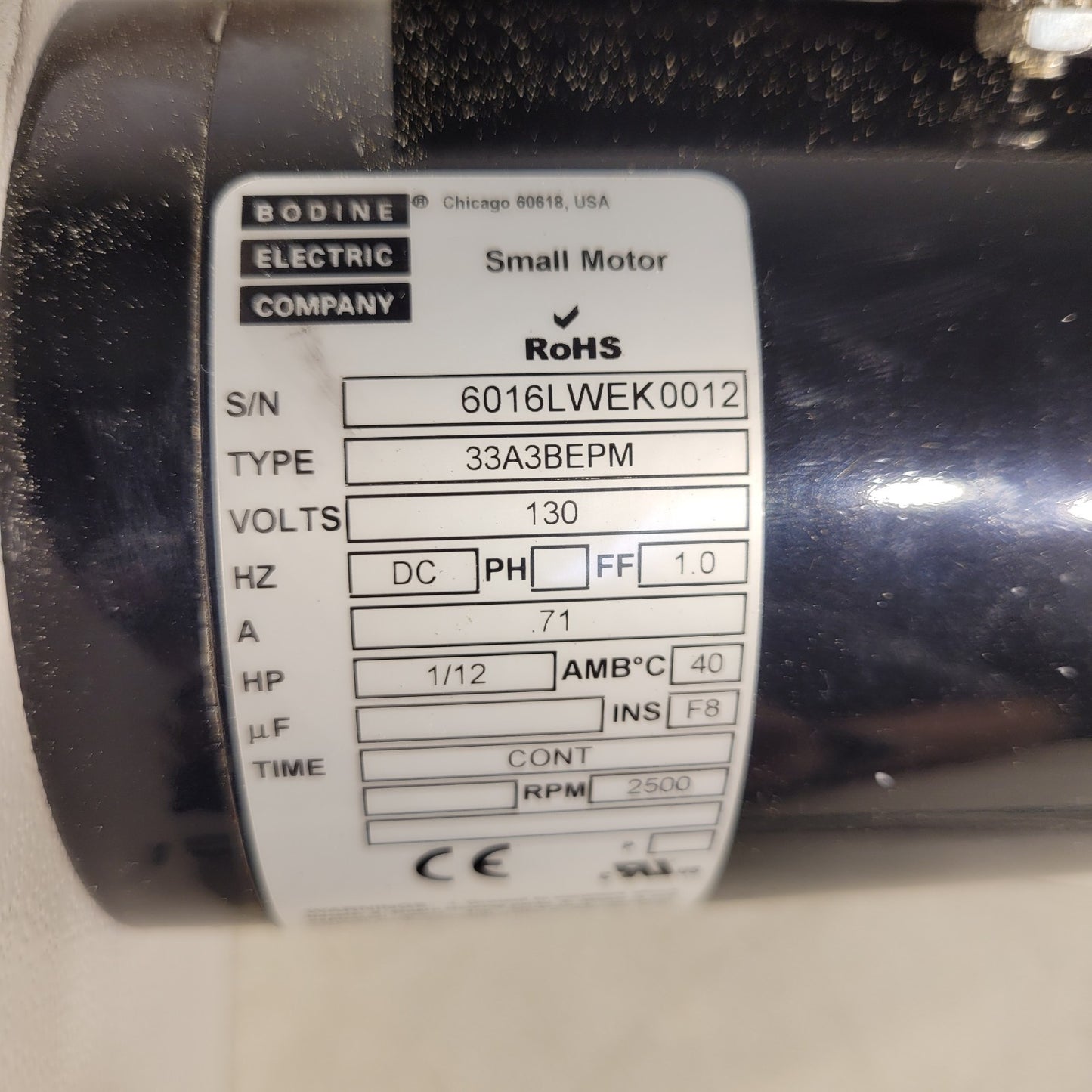 Bodine Electric Motor 33A3BEPM 1/12 HP 2500RPM DC 0.71A 130V 6016LWEK0012