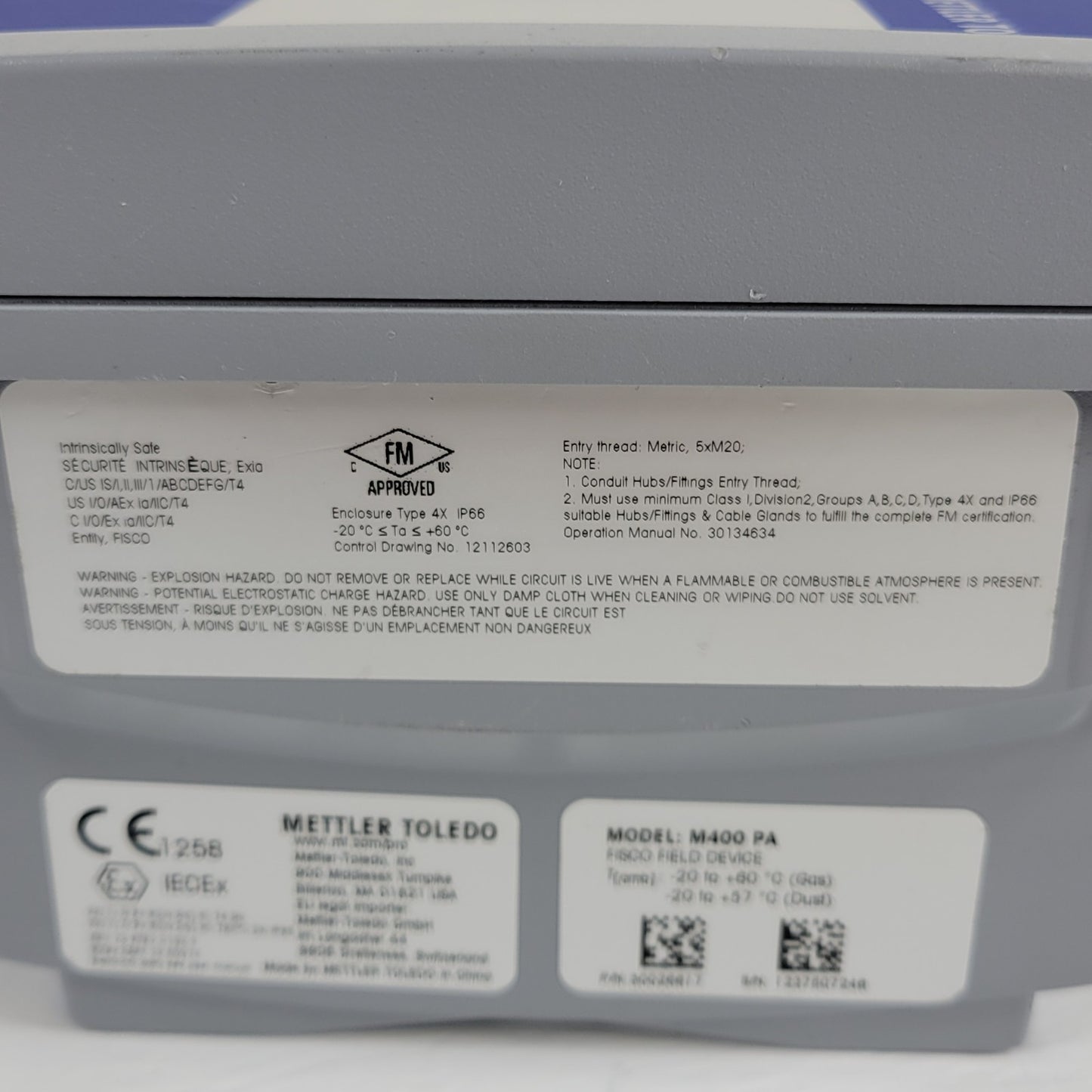 Mettler Toledo M400 PA 2-Wire Process Gas Transmitter For Industrial 30026617
