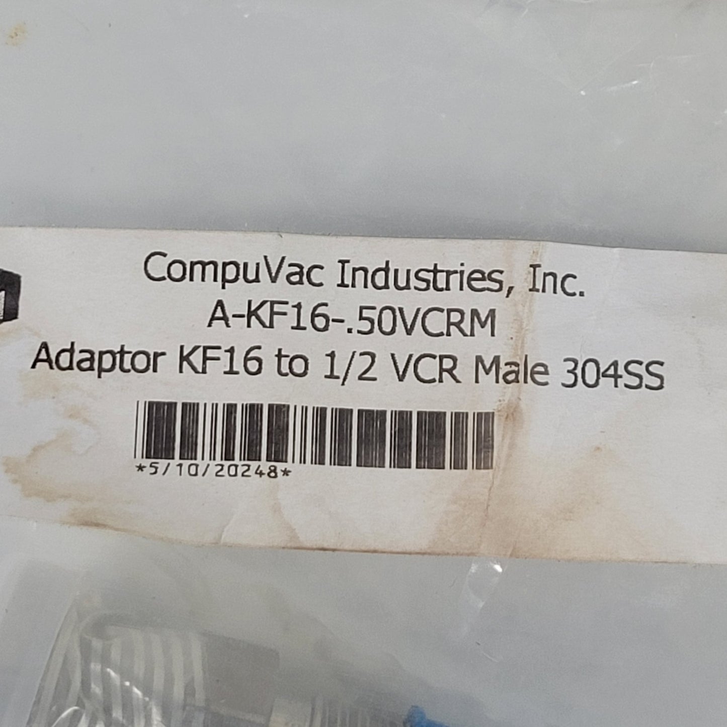 CompuVac A-KF16-.50VCRM Adaptor KF16 To 1/2 VCR Male 304SS High Vaccum NW16