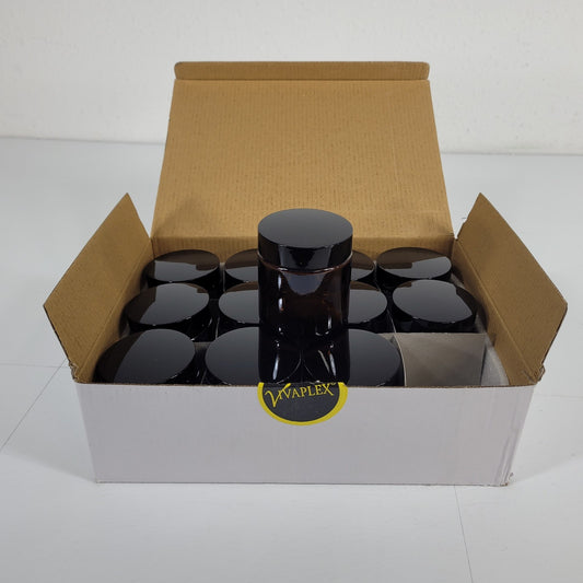 Vivaplex Amber 4 Oz Round Glass Jars with Inner Liners and Black Lids - 12 Pack