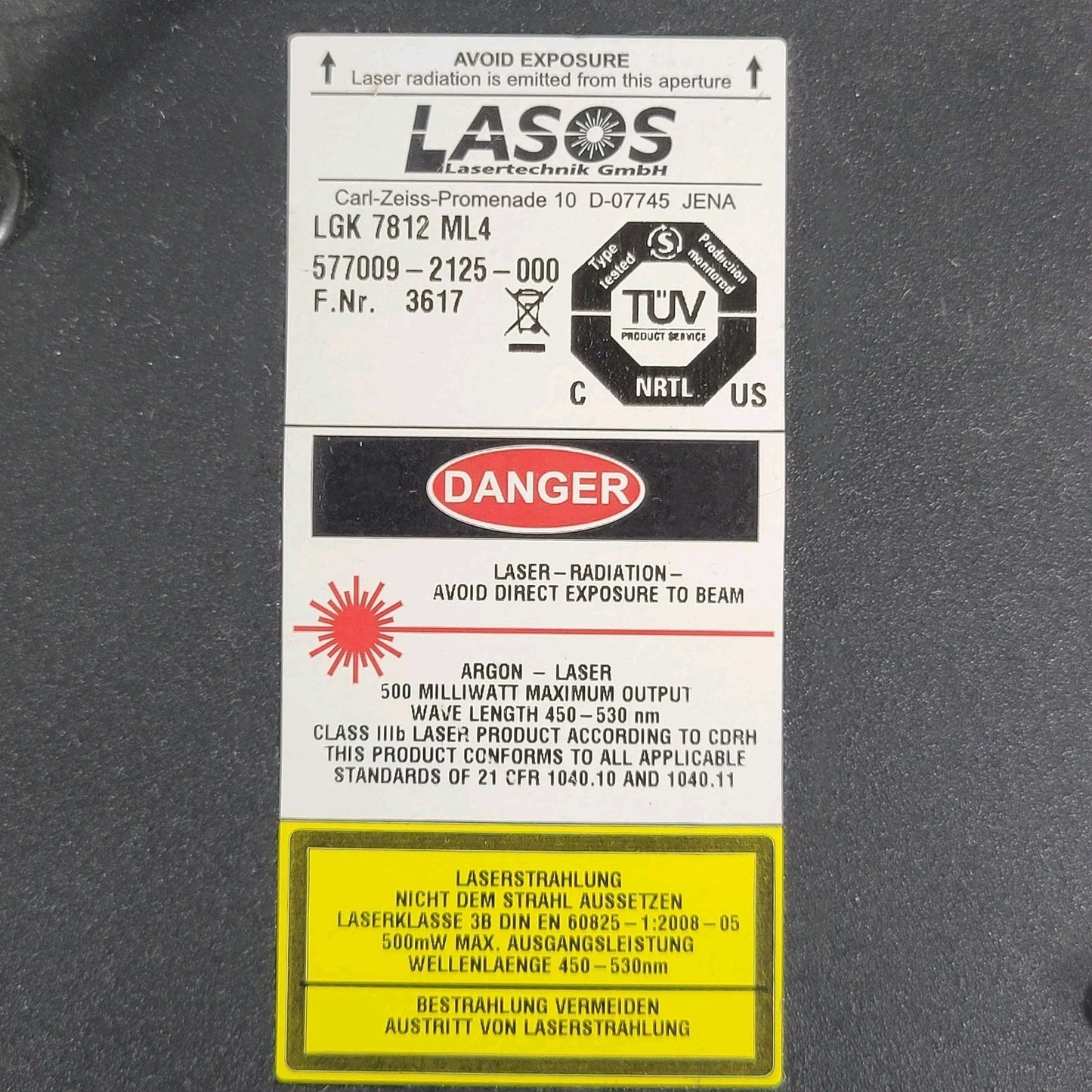 Lasos LGK 7812 ML4 Argon Laser 450-530nm Wave Length With LGN 7812 Power Supply