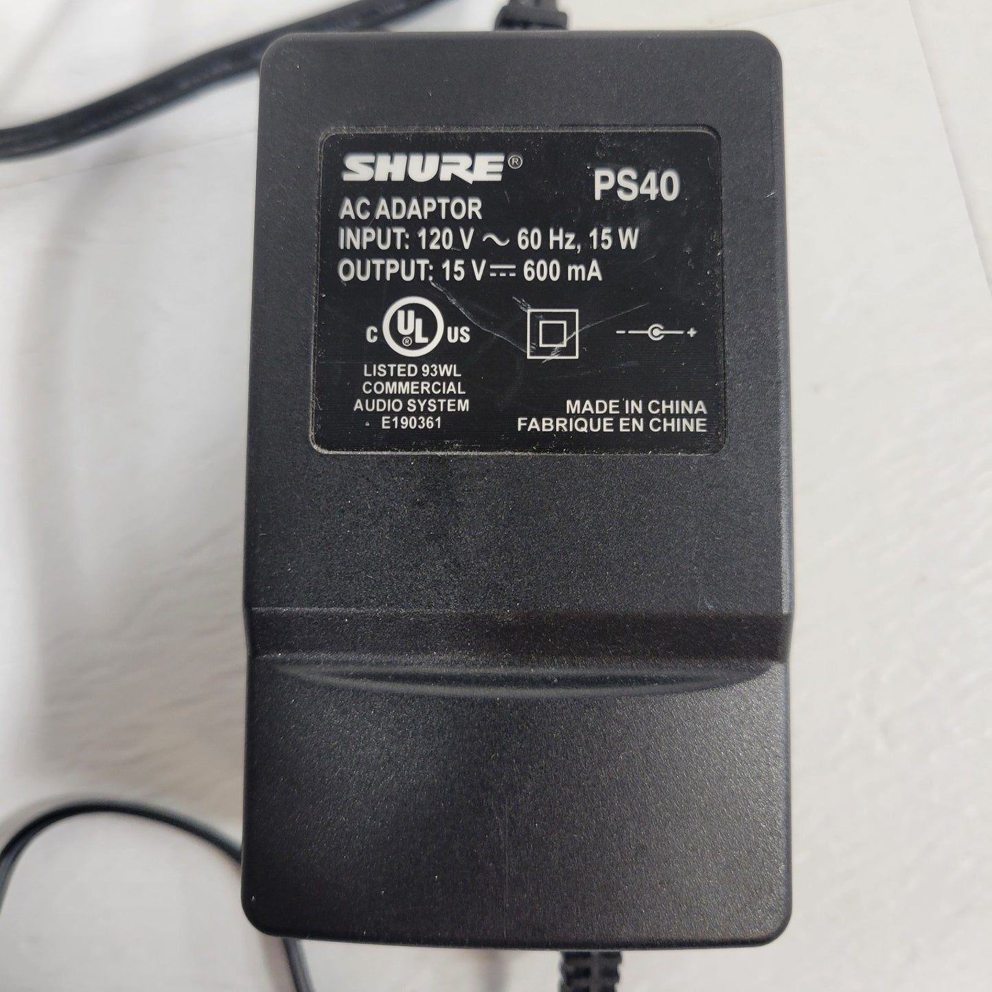 OEM Shure PS40 AC Adapter For Wireless Microphone Receiver  15Volt 600mA Center+