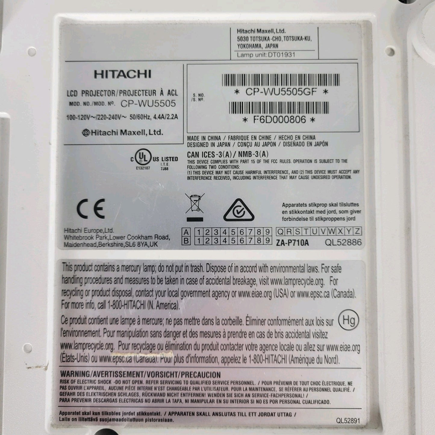 NOT WORKING Hitachi CP-WU5505 Conference Room Projector 1920x1200