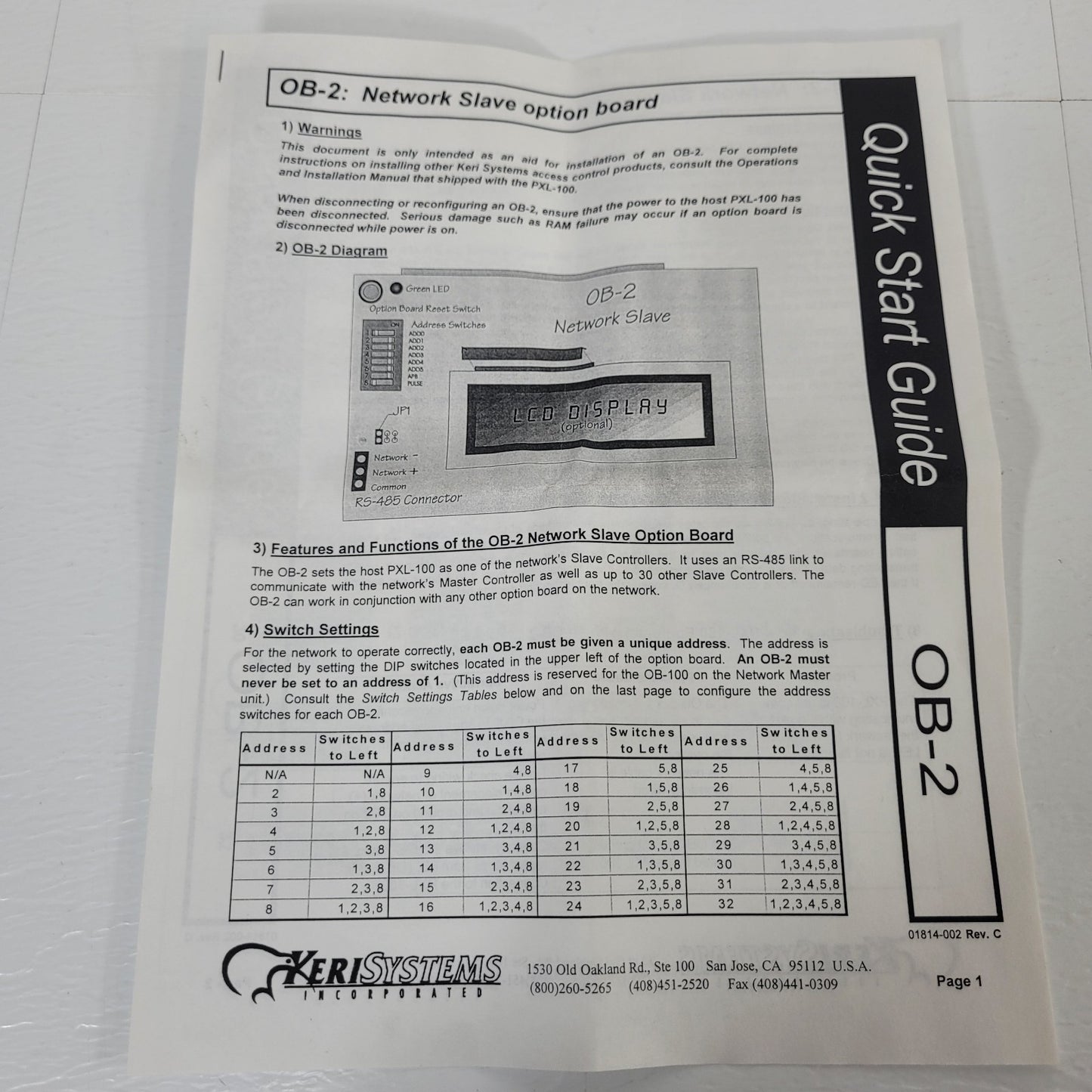 Keri Systems OB-2 Network Slave Option Board For PXL-100 Master Control System