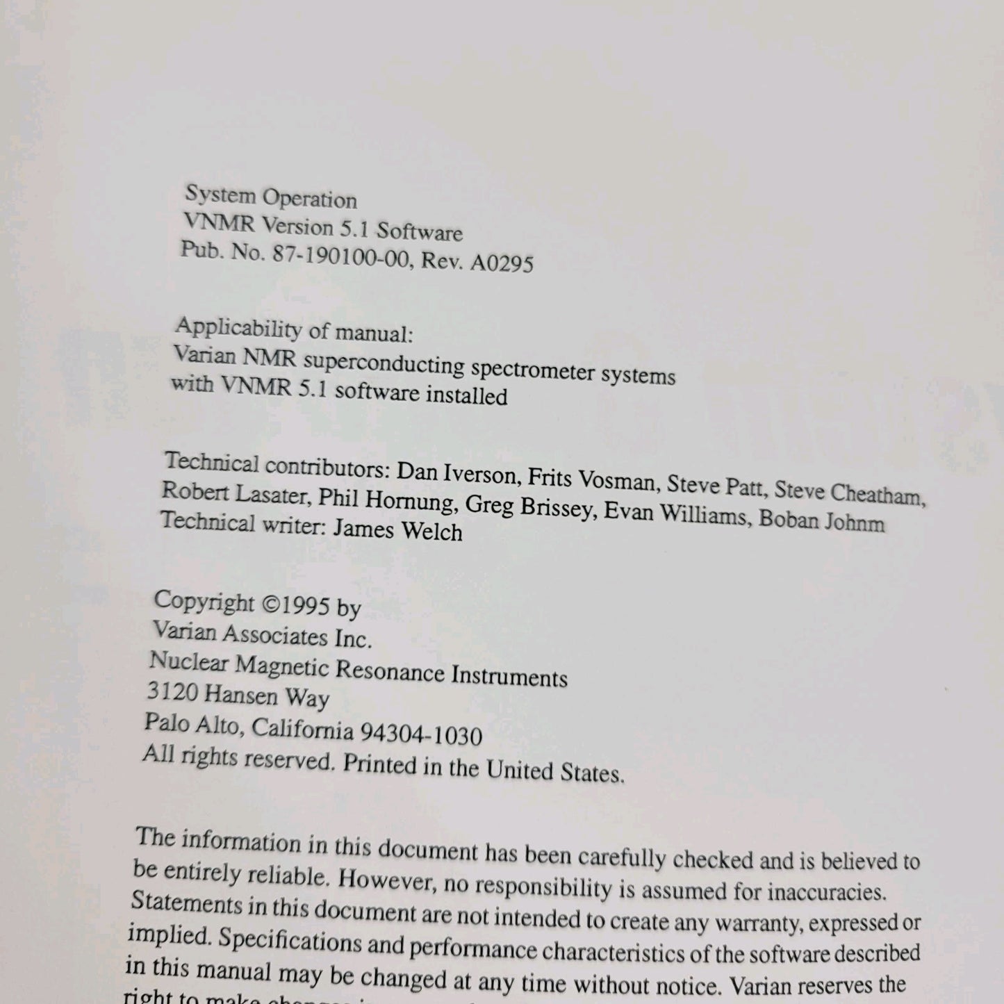 Varian NMR Nuclear Magnetic Resonance Spectrometer Manual Collection v5.1 v6.1C