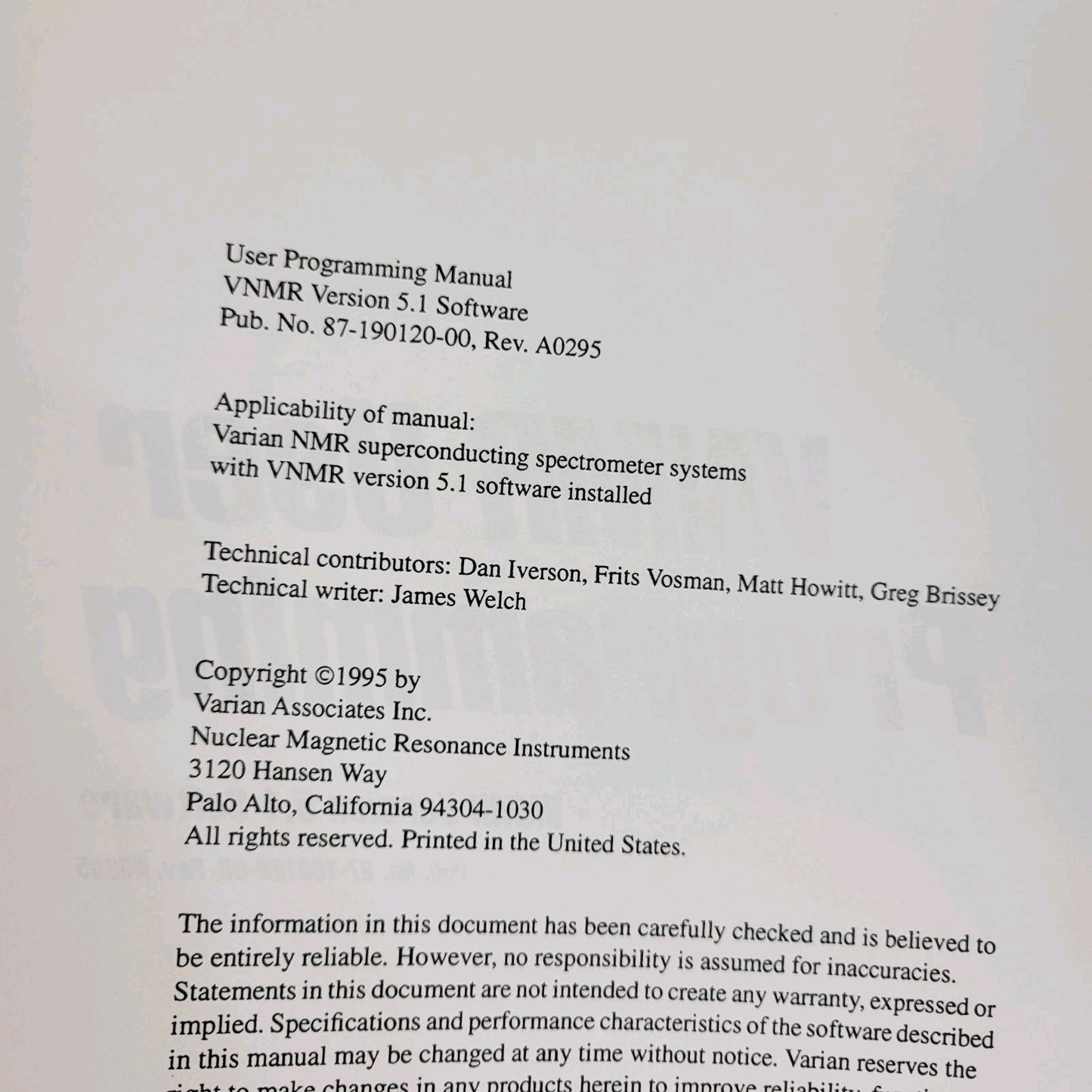 Varian NMR Nuclear Magnetic Resonance Spectrometer Manual Collection v5.1 v6.1C