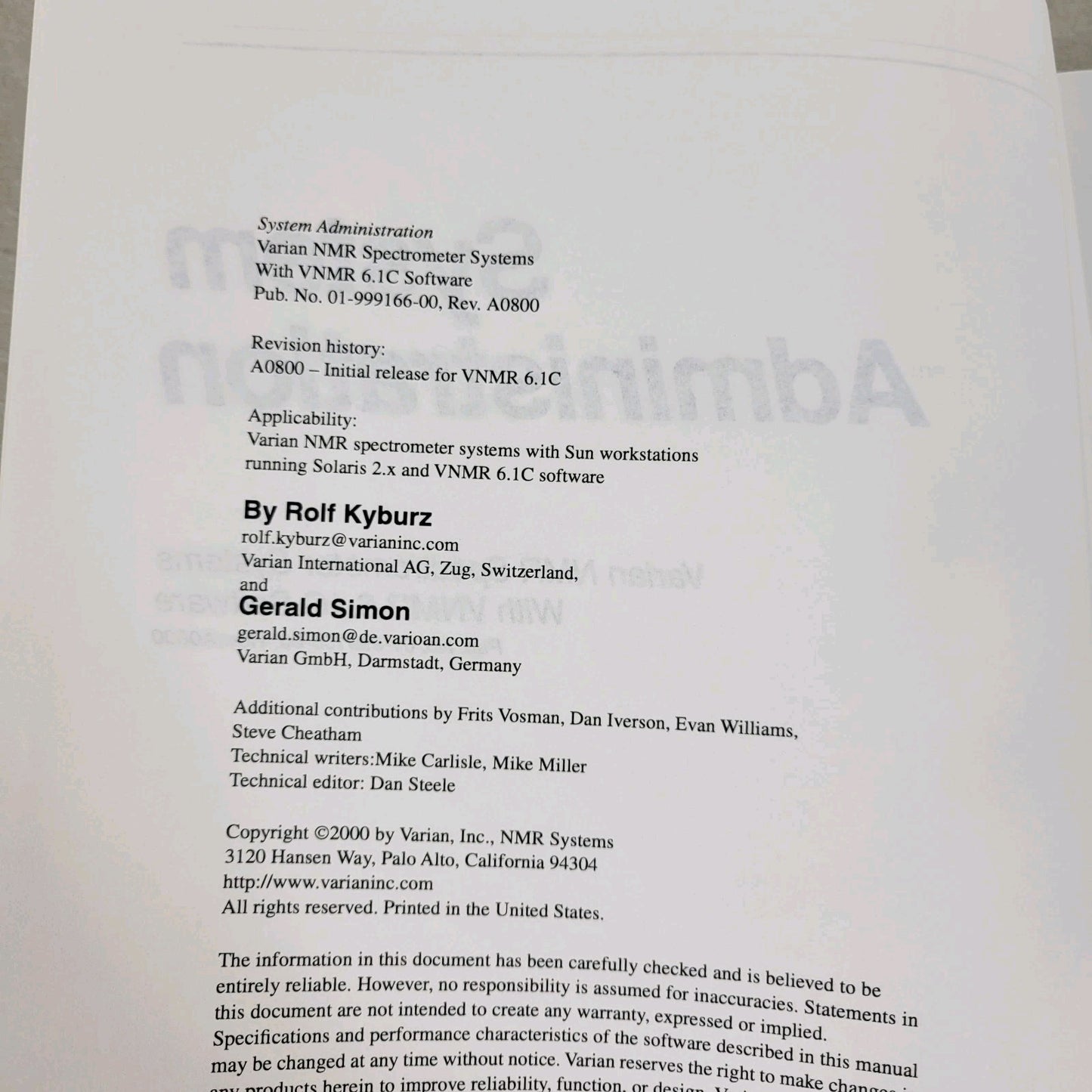 Varian NMR Nuclear Magnetic Resonance Spectrometer Manual Collection v5.1 v6.1C