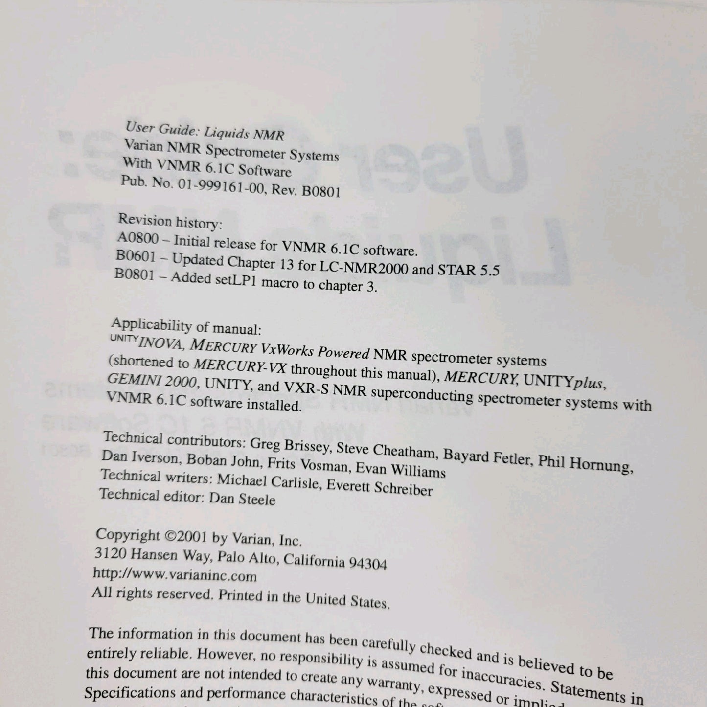 Varian NMR Nuclear Magnetic Resonance Spectrometer Manual Collection v5.1 v6.1C